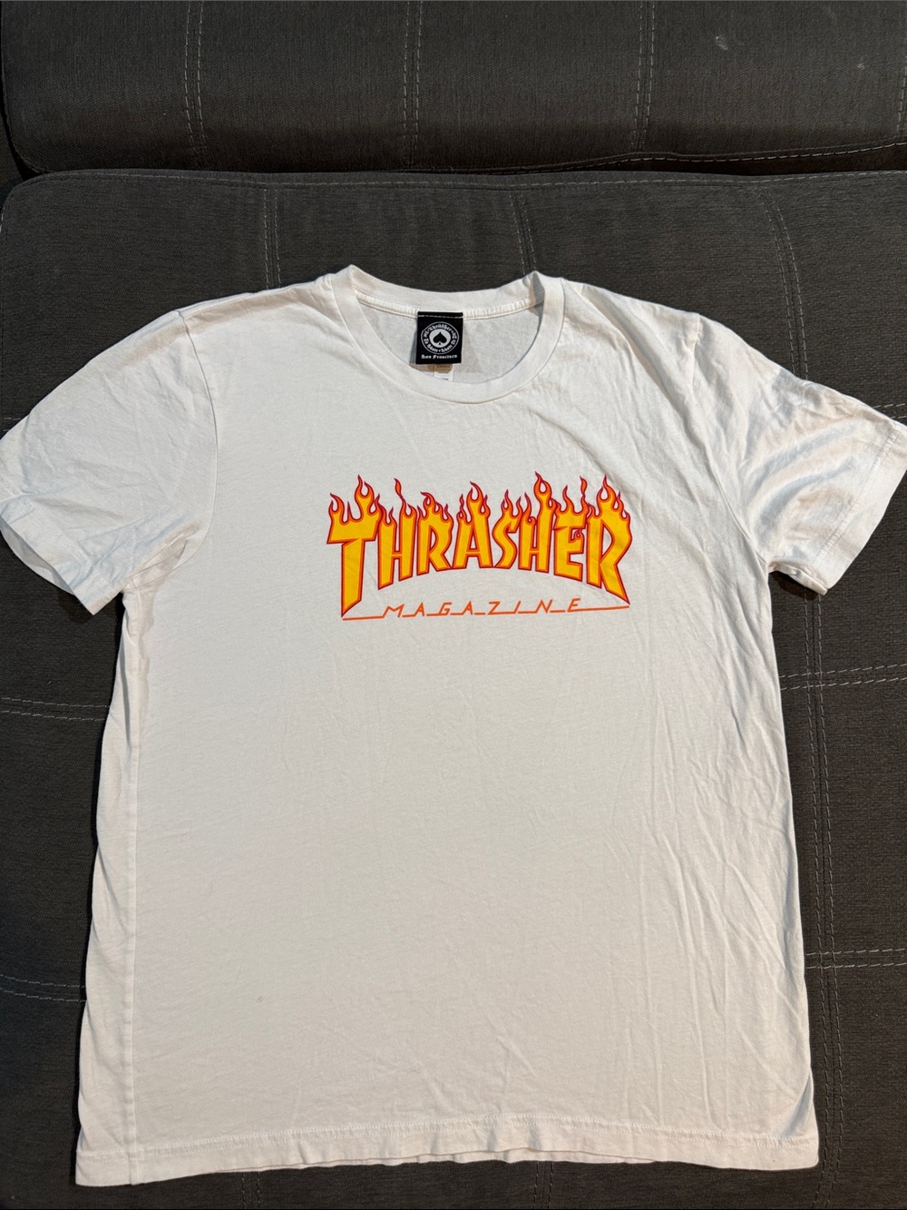 Thrasher White Tee with Yellow-Orange Flame Logo